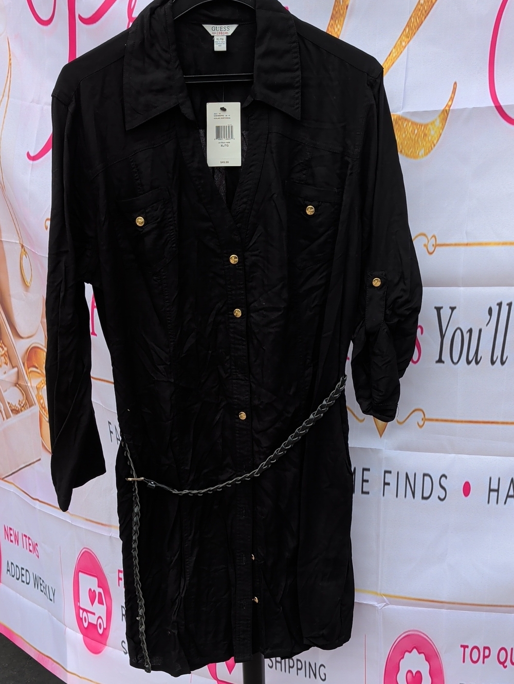 black Guess shirt dress with gold-tone hardware and a braided chain bellt, XL